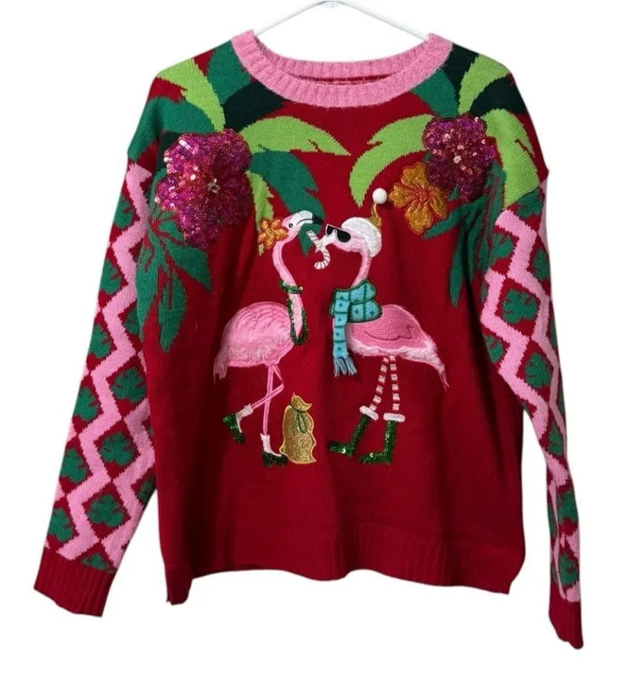 BLIZZARD BAY Women Sz Medium Pink Flamingo Santa Ugly Christmas Sweater Holiday