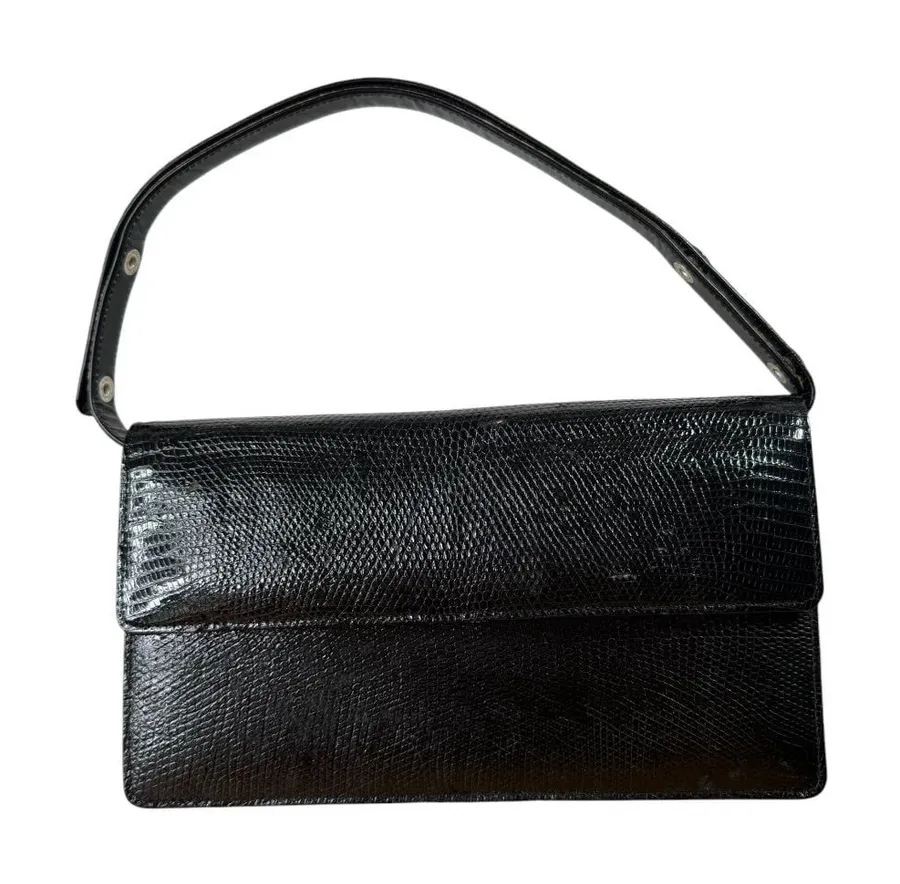Fouri Vintage Black Lizard Embossed Leather Shoulder Bag Clutch