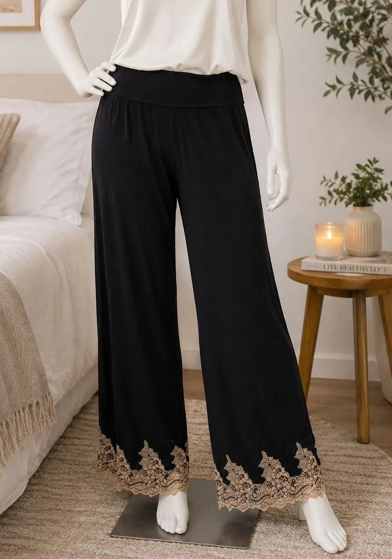Soma Womens Pajama Pants Black Lace Trim Jersey Knit Lounge Medium