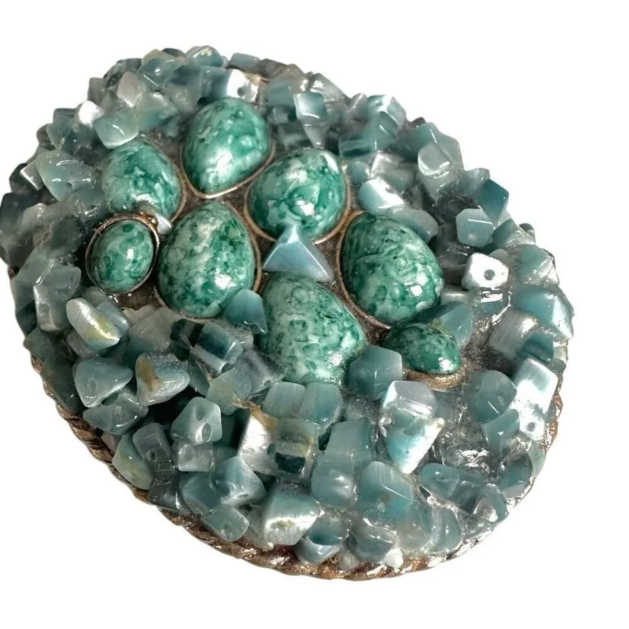 Vintage Mosaic Stone Belt Buckle – Teal Dyed Magnesite/Howlite + Cat’s