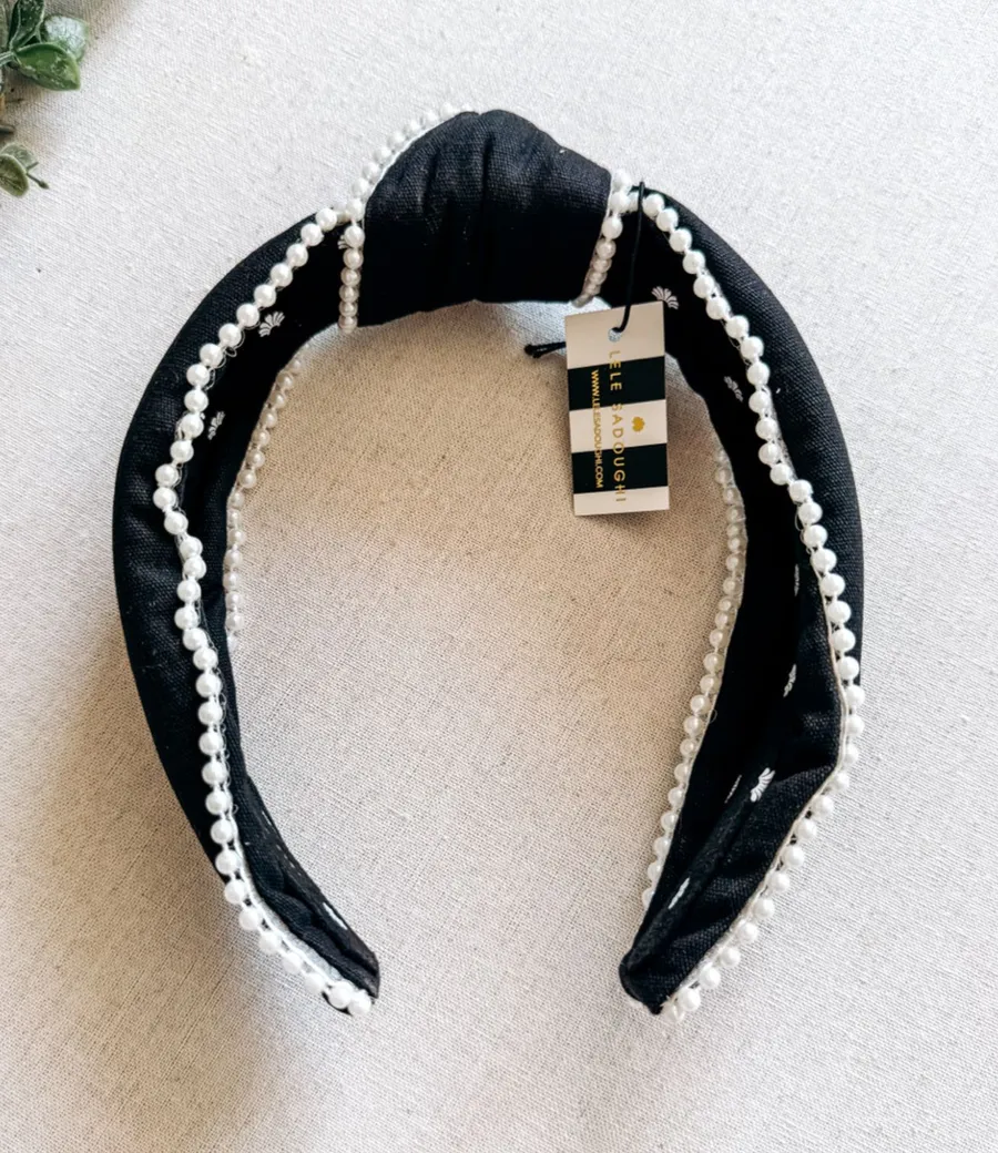 Lele Sadoughi Jet Pearl Beaded Edge Knotted Headband NWT