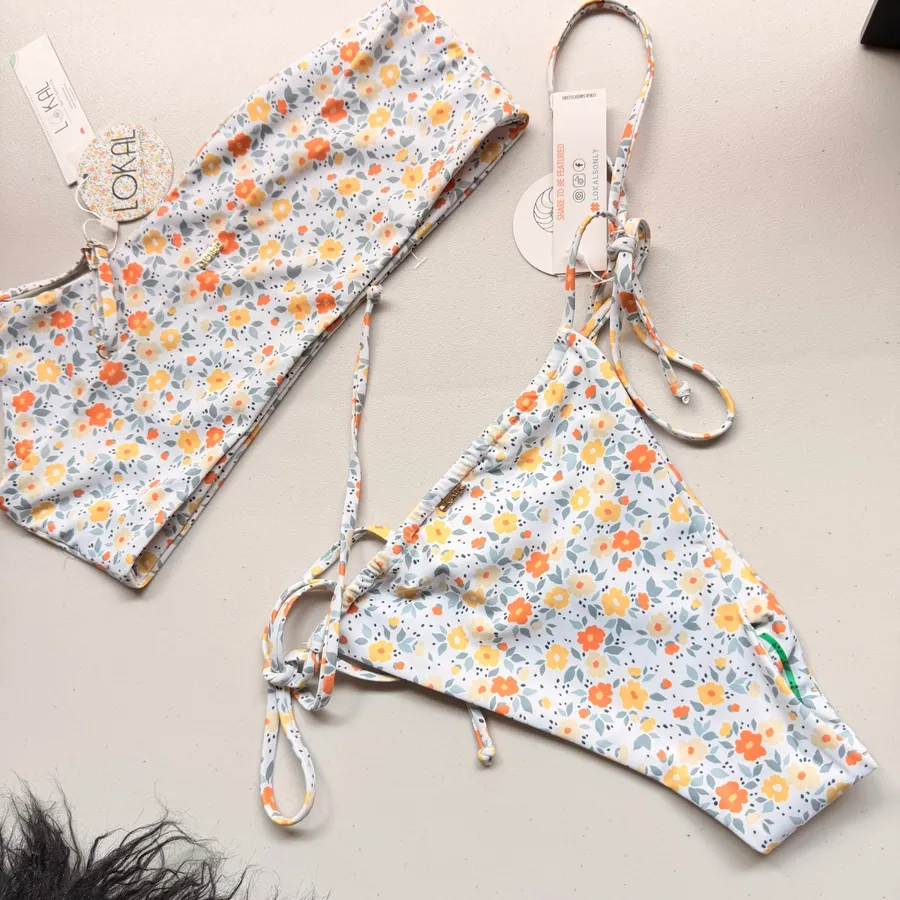 Lokal Bikini Set Women Large White Orange Wildflower One Shoulder Side Tie NWT