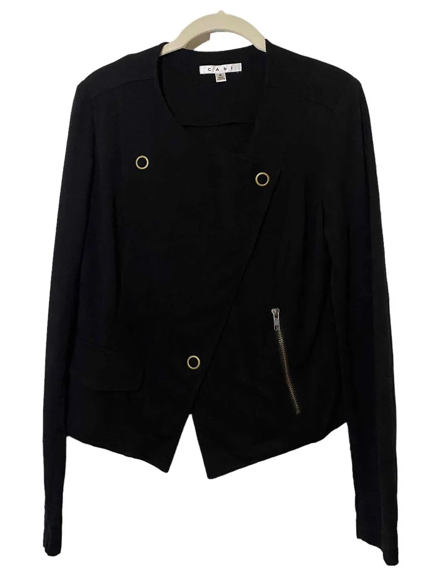 Cabi Womens Black Asymmetrical Zip Up Snap Moto Pockets Cardigan Jacket Size S