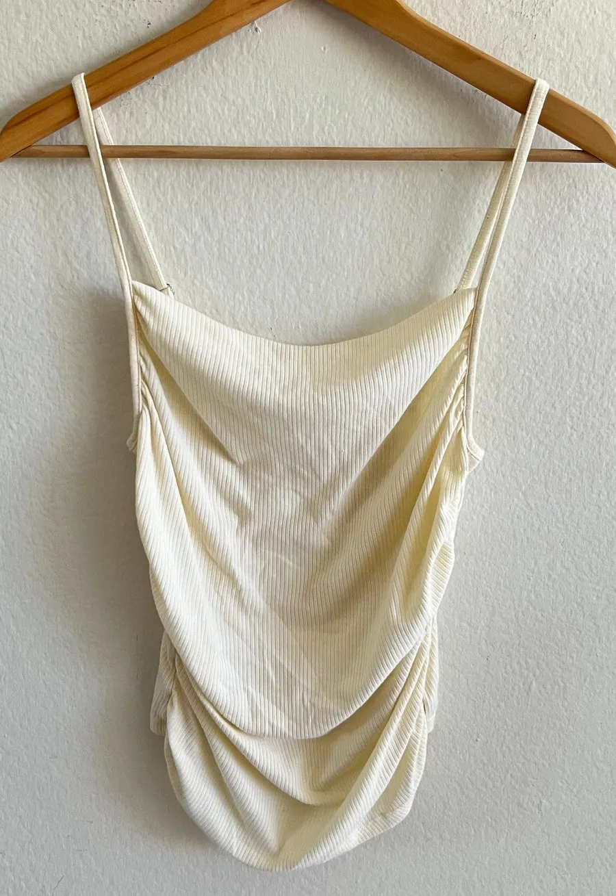 MONROW Ribbed Cowl Neck Side Ruched Cream Ivory Cami Tank Top Womens Medium