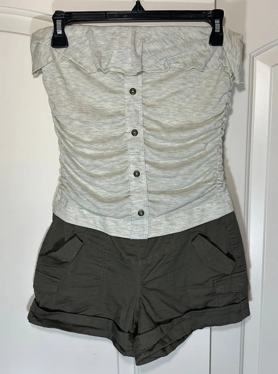 Rewind Strapless Romper Womens S Gray Ruffle Top Brown Cargo Micro Shorts Y2K
