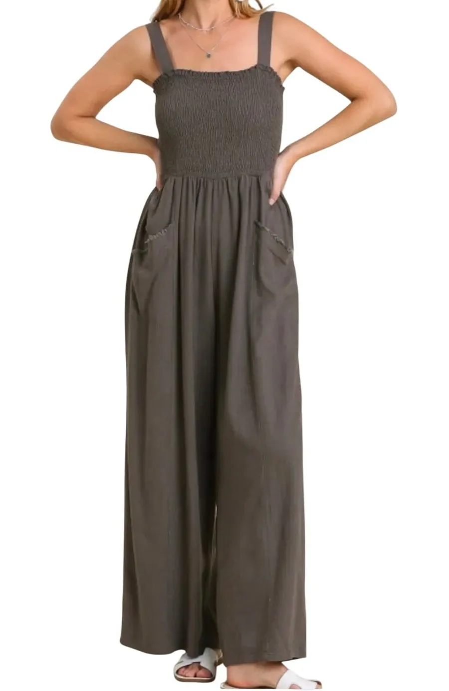 Rustic Rack Wide Leg Jumpsuit Womens Large Gray Smocked Boho Slouchy Lounge