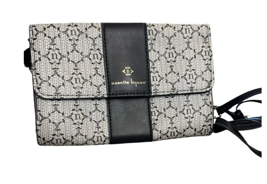 Nanette Lepore Monogram Crossbody Bag Black Ivory Gold Chain Adjustable Small