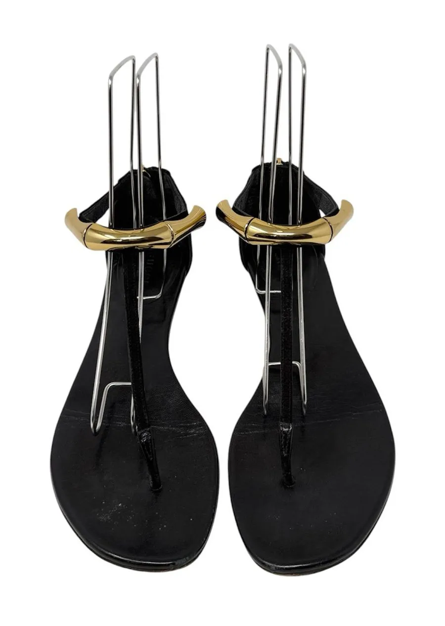 Gucci Coraline Black Suede Gold Bamboo Accent Flat Sandals Size 37.5