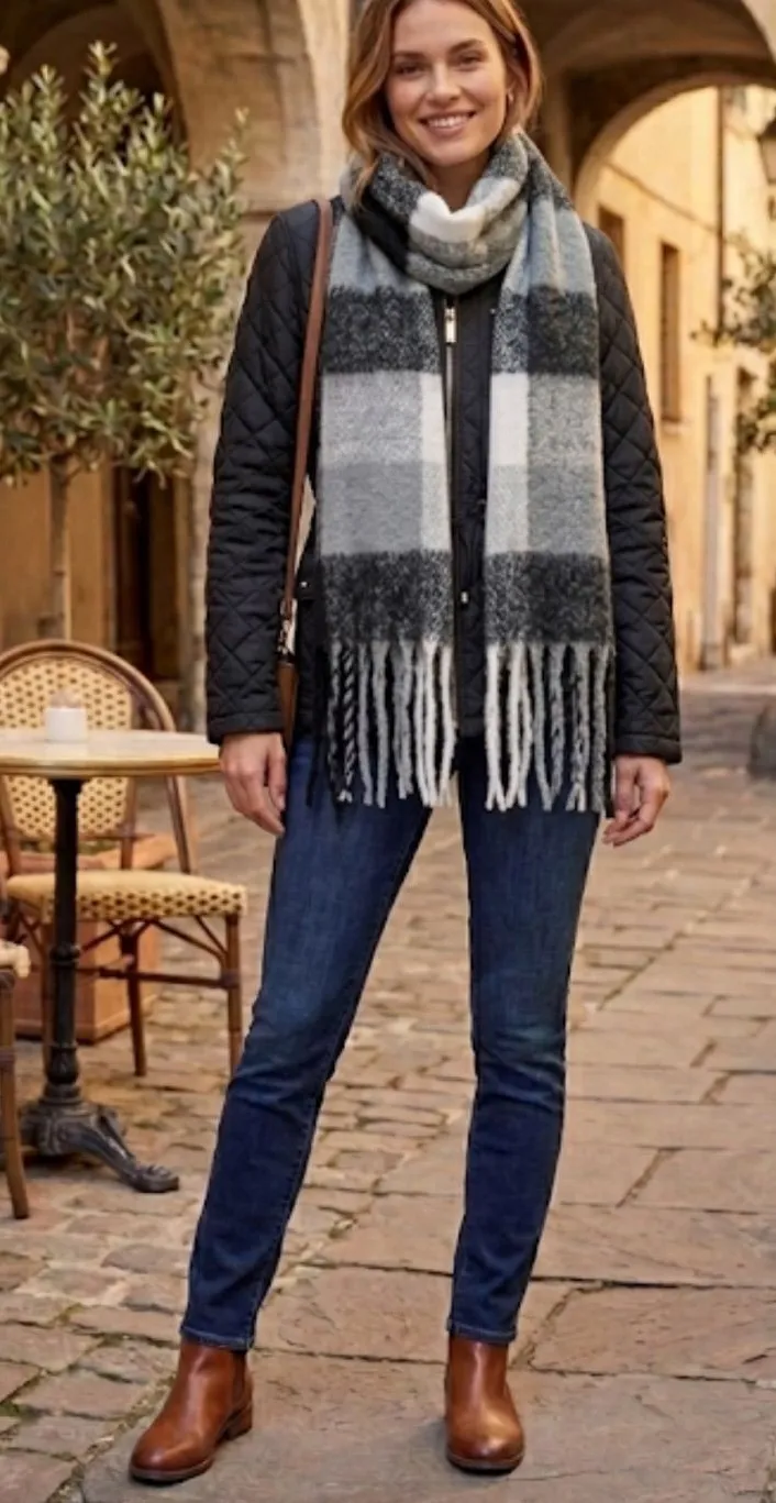 Chunky Soft Knit Black Grey Plaid Fringe Scarf