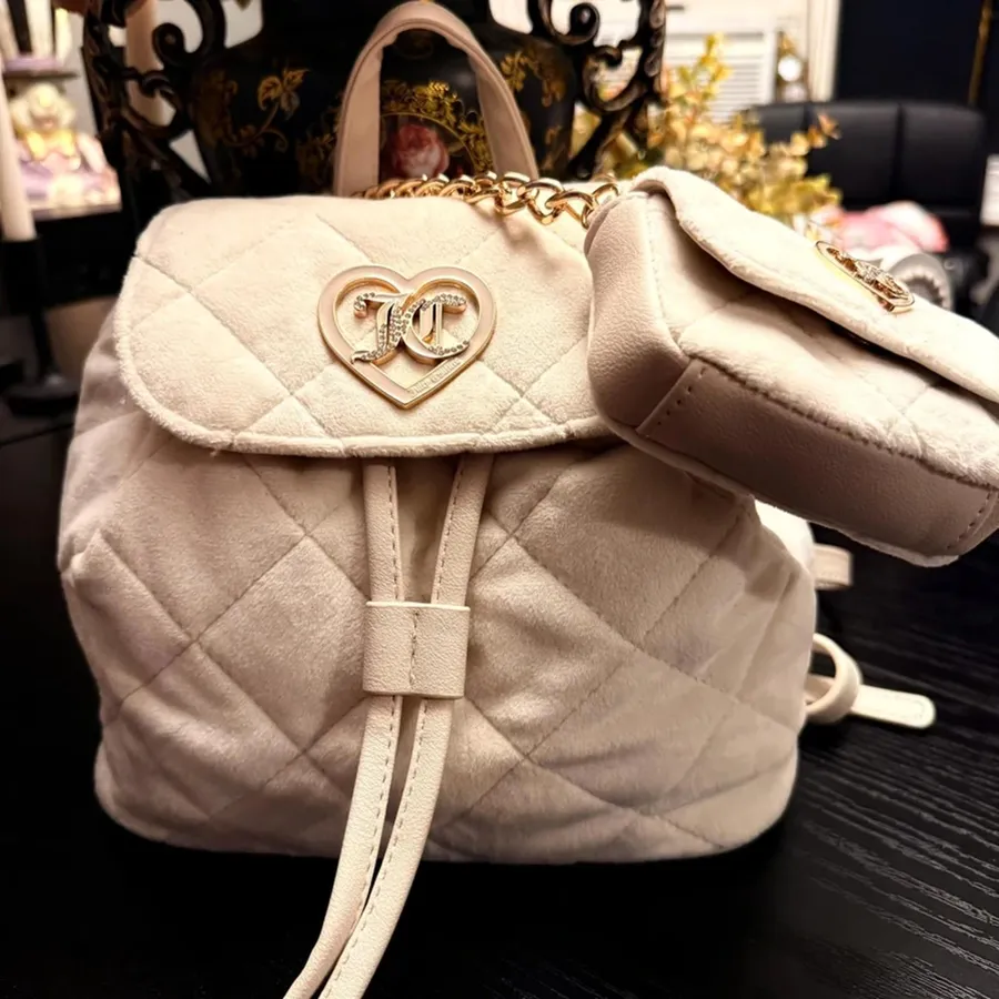 Juicy Couture Velour Backpack 2-in-1 Cream Crystal Heart Logo Bag NWT