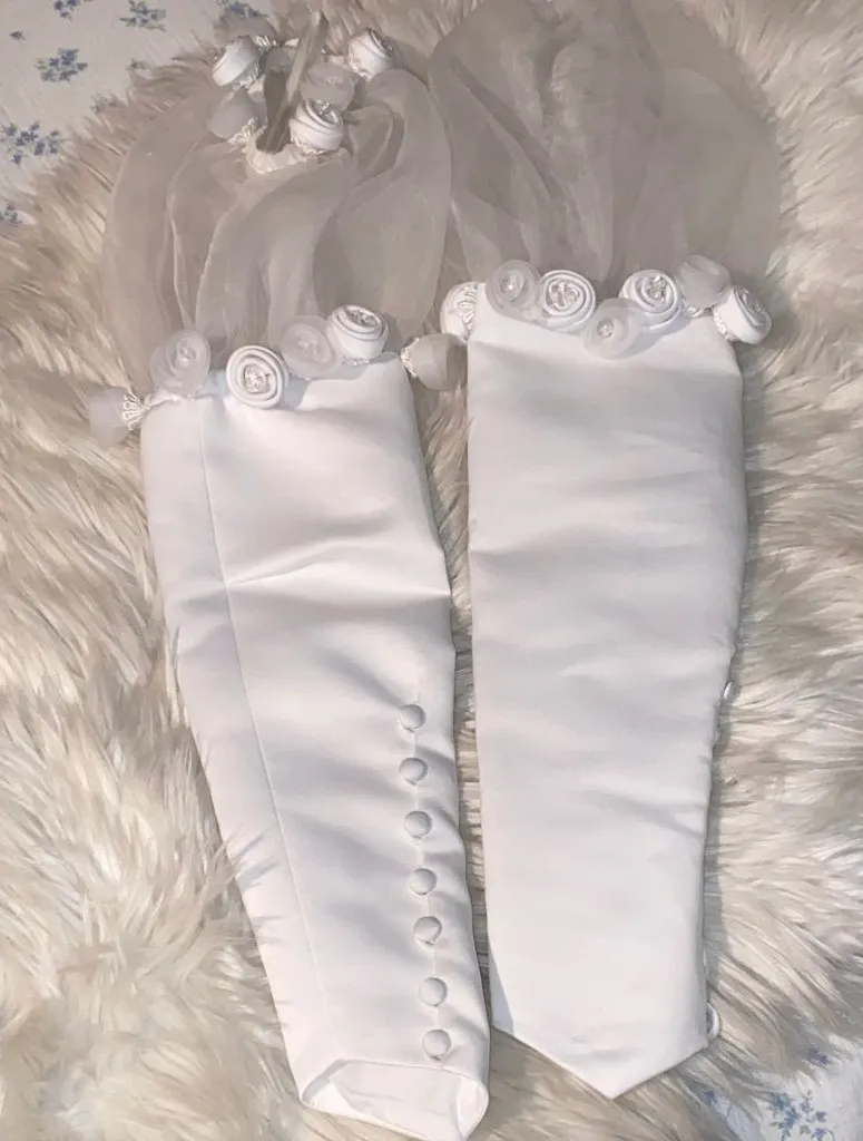 White Bridal Wrist Cuffs with Rose Trim