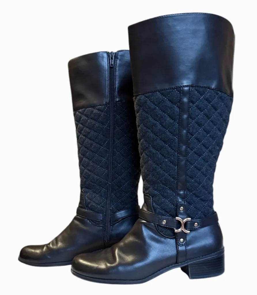 Charter Club Wide Calve Brown Faux Leather & Grey Quilted Riding Boots Sz 7.5