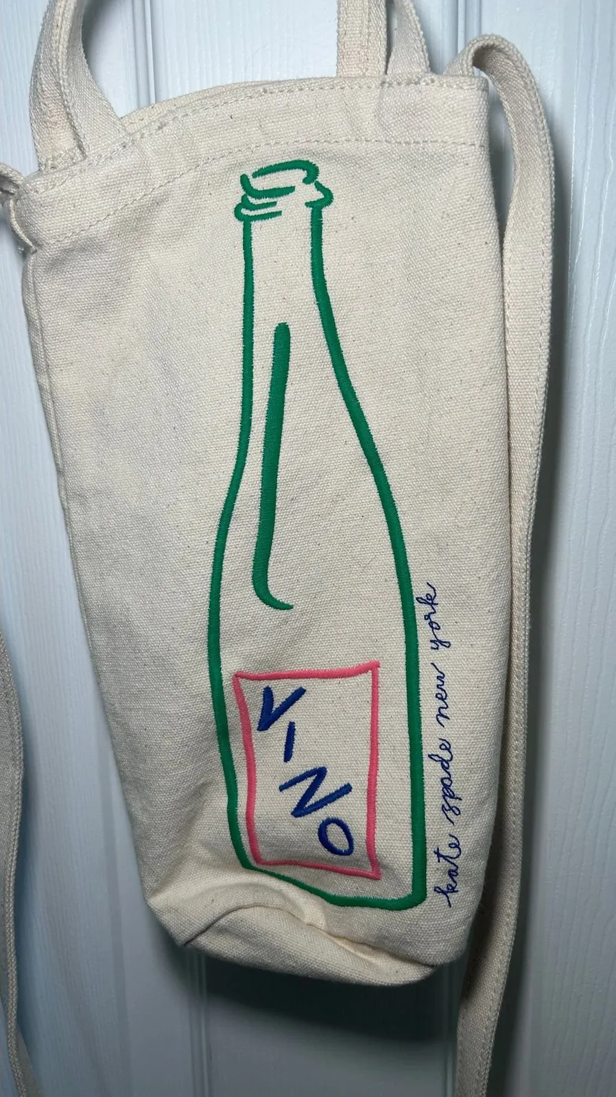 Kate Spade Vino Wine Bottle Canvas Crossbody Bag OS Cream Novelty Graphic Tote Green