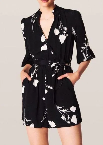 BA&SH Penny Floral Belted Romper Black and White Size 6