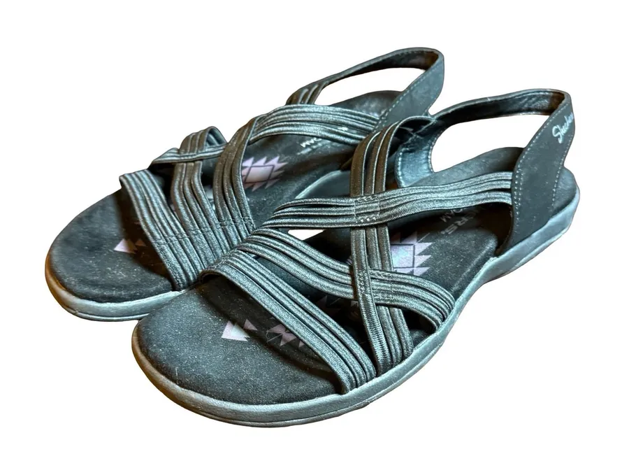 Skechers Reggae Slim Strappy Slingback Sandals Black Memory Foam Womens 7