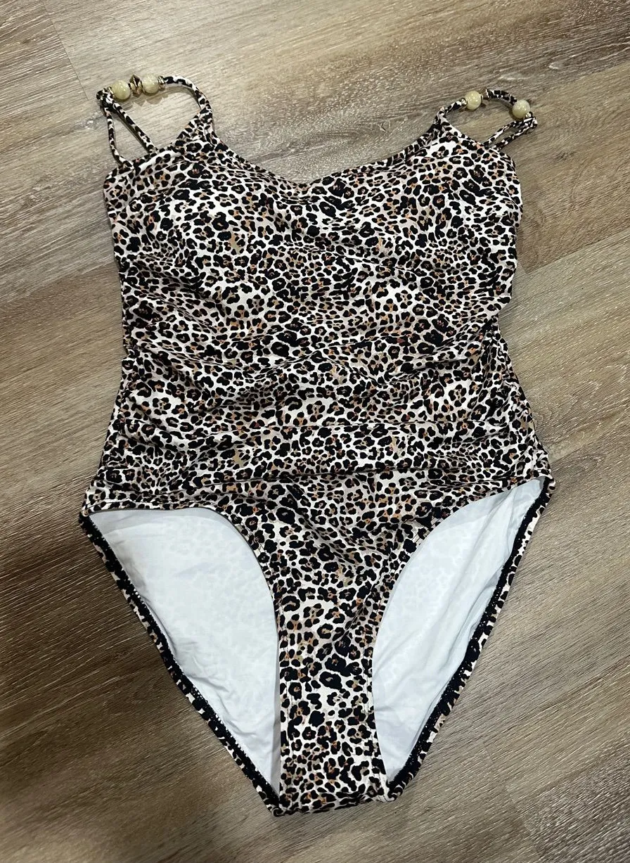Women’s Leopard Print One-Piece Swimsuit - Brown high leg with bead detail