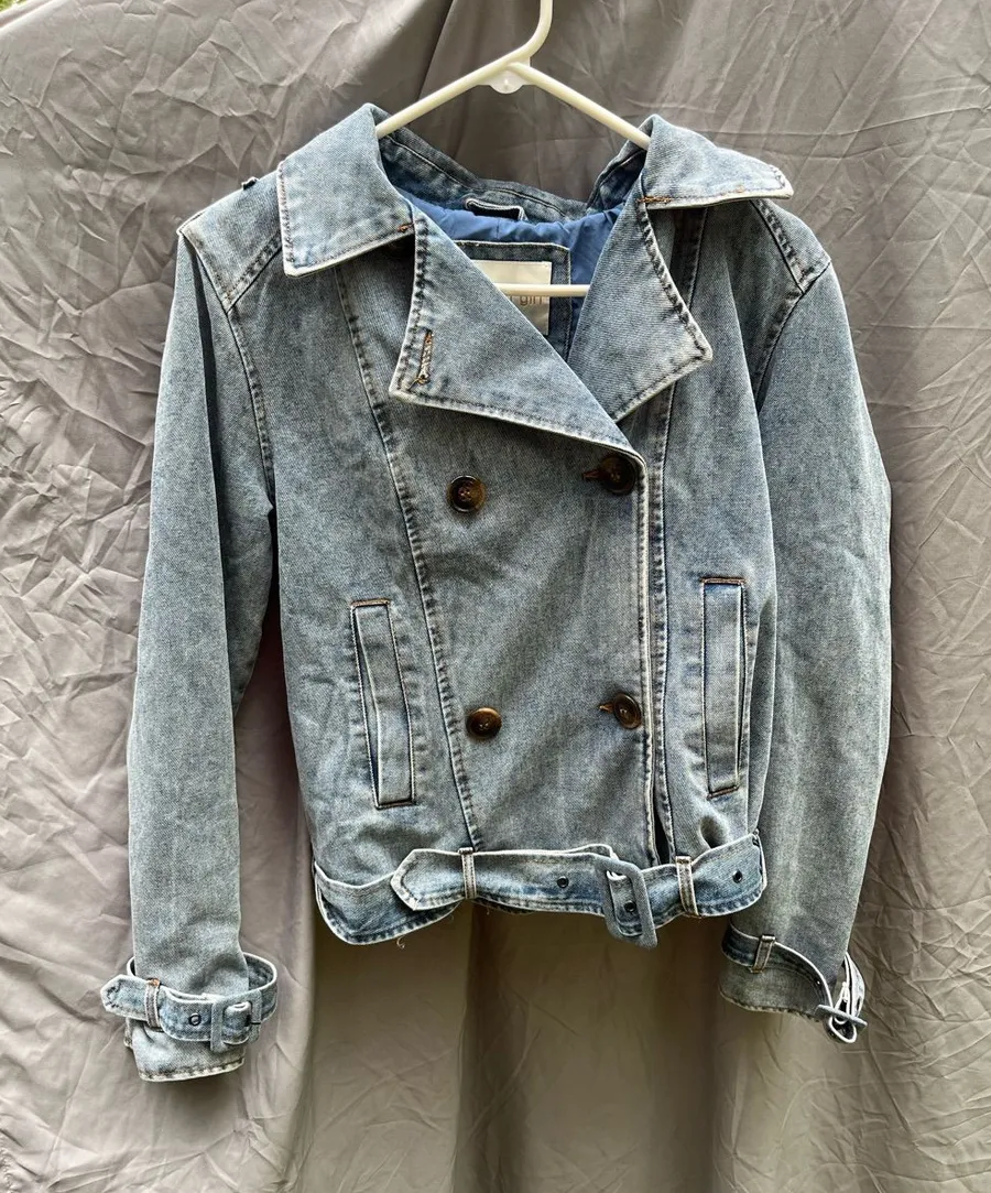 Madden Girl Light Wash Double-Breasted Belted Denim Jacket