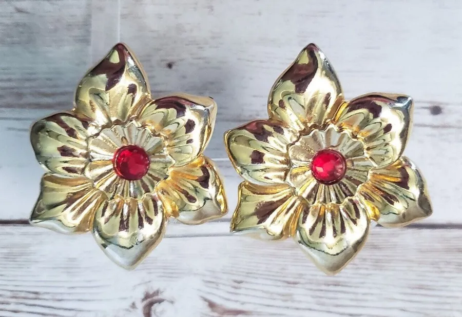 Vintage Clip On Earrings 1.75" Extra Large Gold Tone Flower, Red Gem