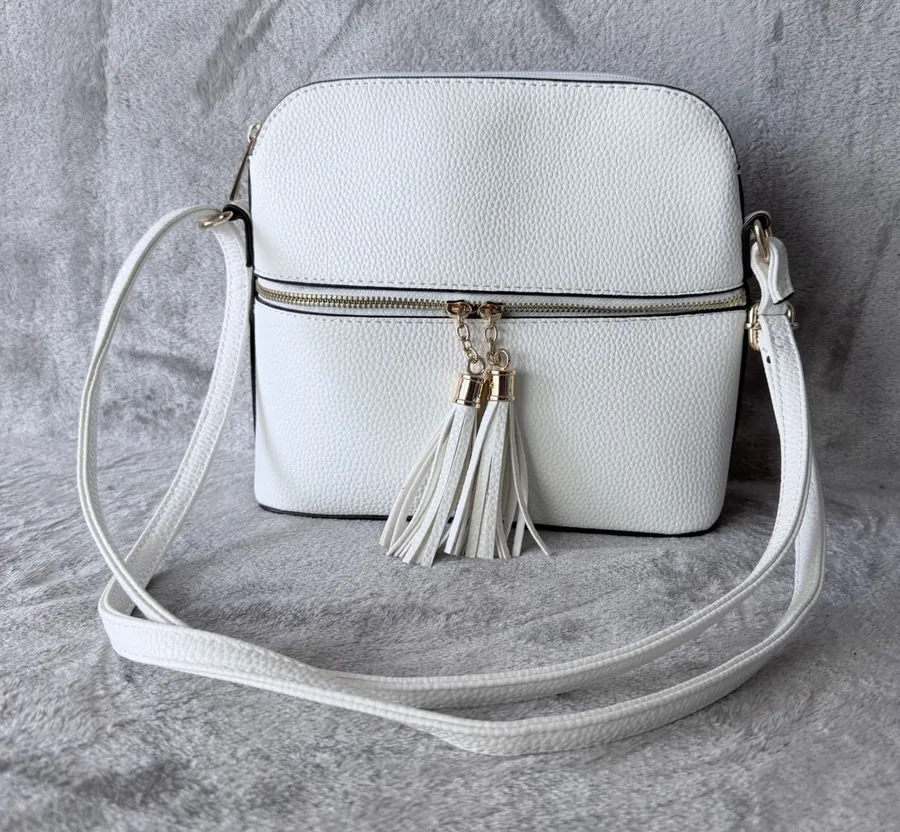 Crossbody Bag Women Medium White Tassel Zip Minimalist Pebble Grain Girly Casual