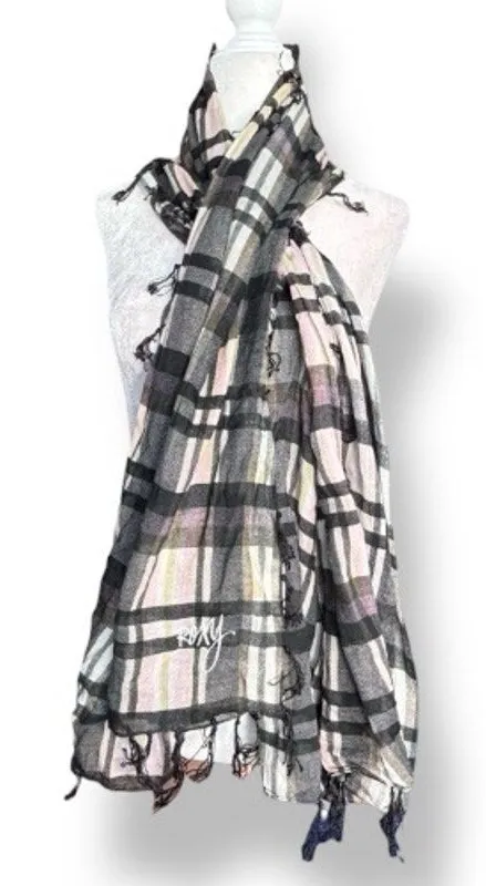 Roxy Neutral Plaid Lightweight Scarf Black Gray Cream Fringe Classic Accessory