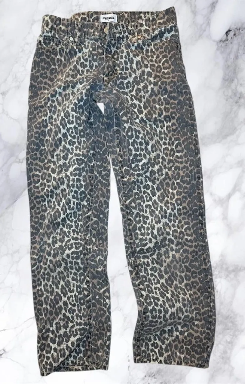 RSQ Leopard Print Jeans Y2K Low Rise Straight Leg Animal Print Pants Size 10
