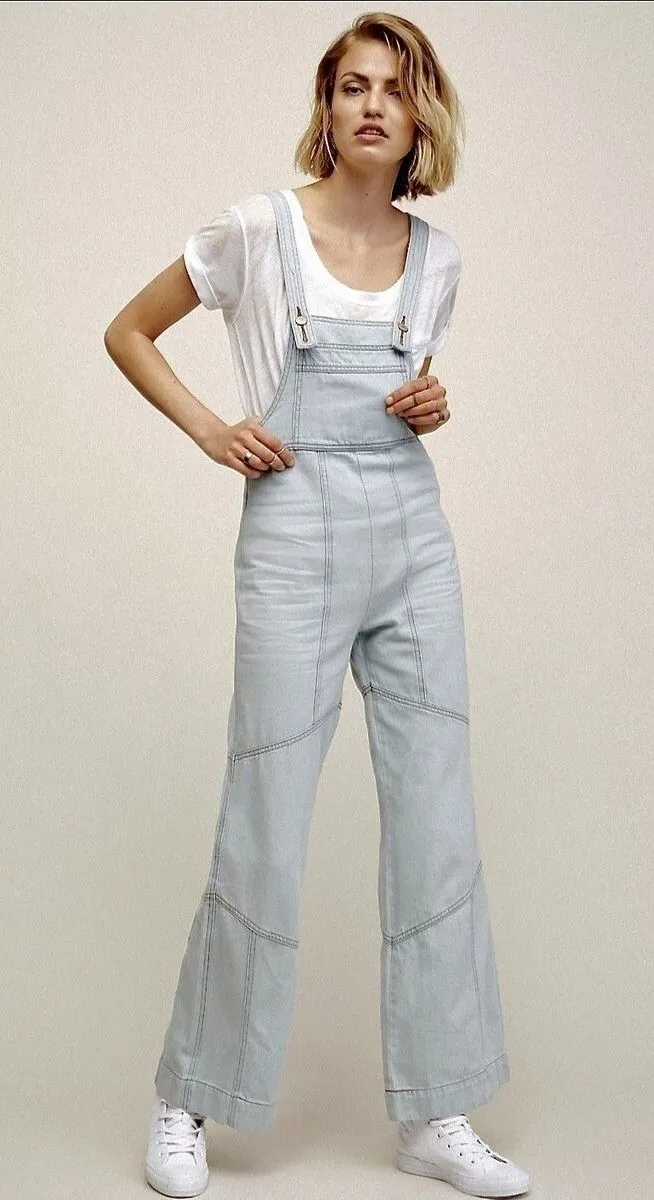 Free People 70s 100% Cotton Light Wash Wide Leg Denim Overalls Jumpsuit 27