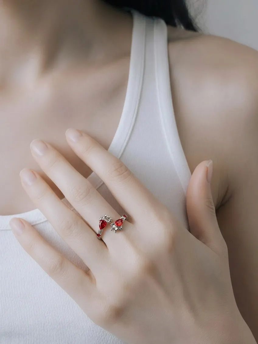 Vintage/Gothic Design Silver/ Red Punk Design Ring Adjustable Size 6