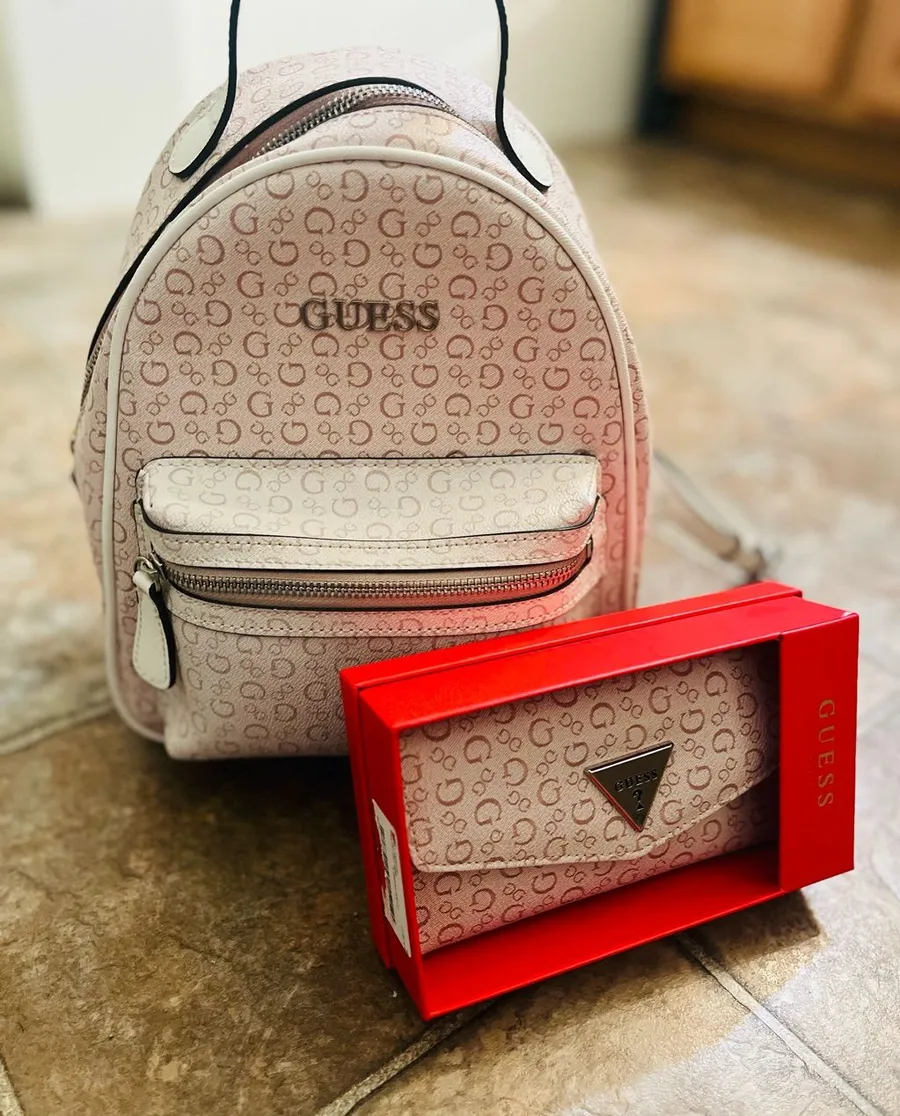 Guess Mini Backpack and Continental Wallet Set Pink Signature G Logo NWT