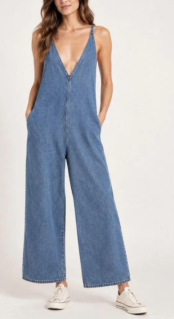 Lel Lab Denim Wide Leg Jumpsuit Baggy Plunging Neck Open Back Size 38/ Medium