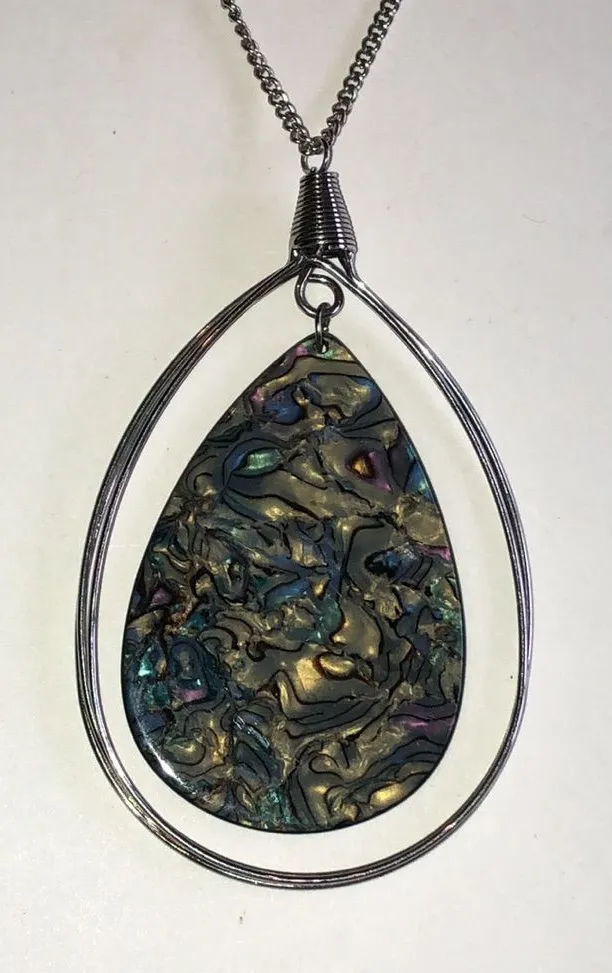 Silver Tone Teardrop Faux Abalone Necklace