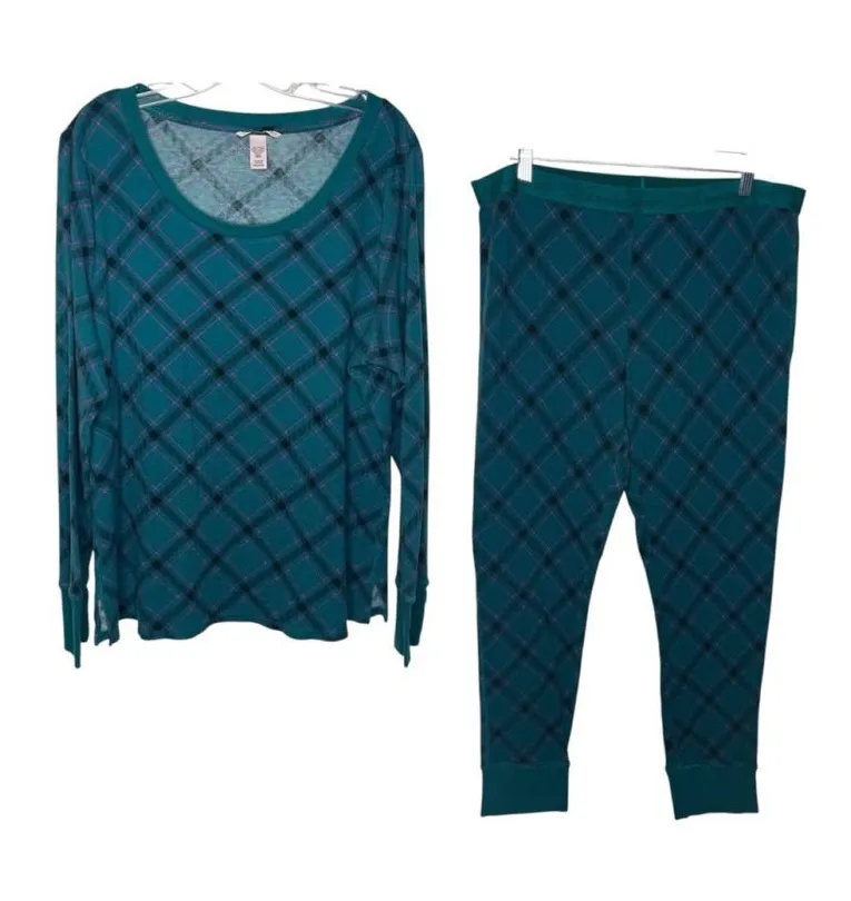 Victoria’s Secret Sz XL Long Pajama Set Teal Purple Black Argyle Plaid