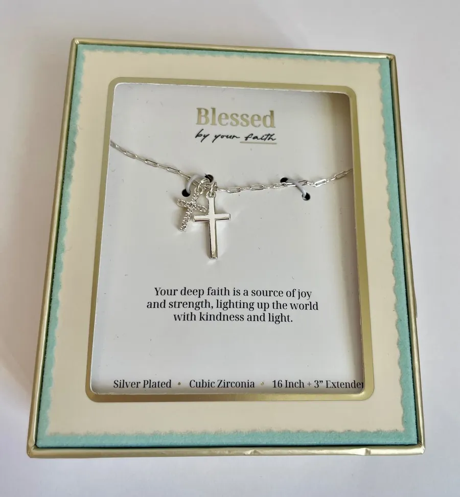 Blessed by your faith Silver Plated Cubic Zirconia Double Cross Necklace 16