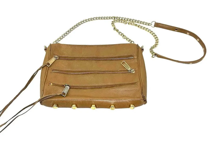 Rebecca Minkoff 5 Zip Crossbody Bag Cognac Tan Leather Chain Bag