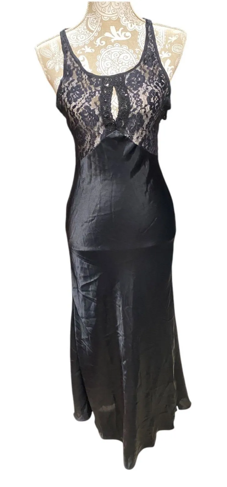 Vtg Val Mode Sz P/S black maxi slip Dress nightgown satin lace whimsigoth retro