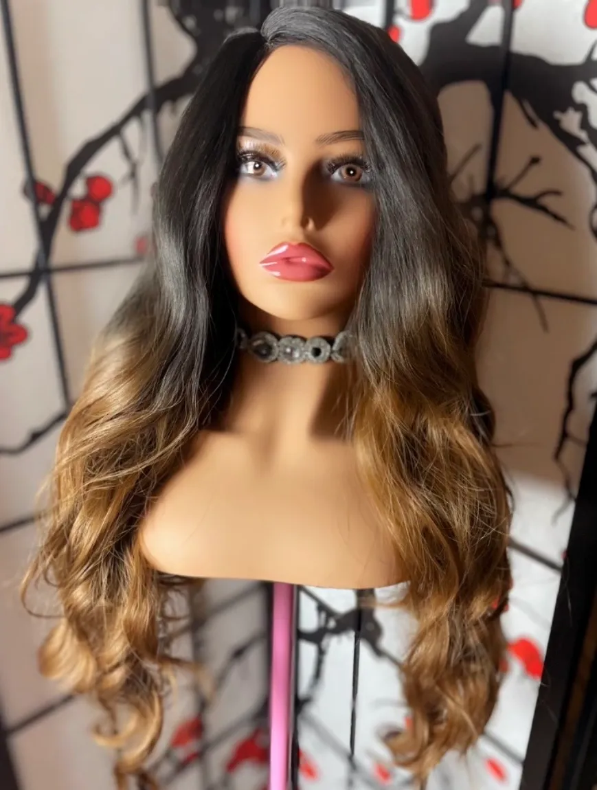 Ombre Black to Brown 26 Inch Long Wavy Lace Front Wig Middle Part Curly