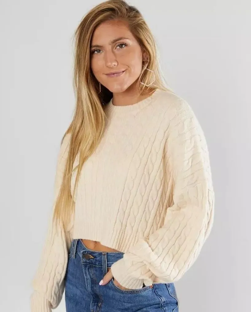 Le Lis Ivory Cable Ribbed Cropped Pullover Sweater Size Large