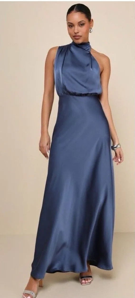 Lulus Distinctive Charm Slate Blue Satin Asymmetrical Maxi Dress Size Medium NWT