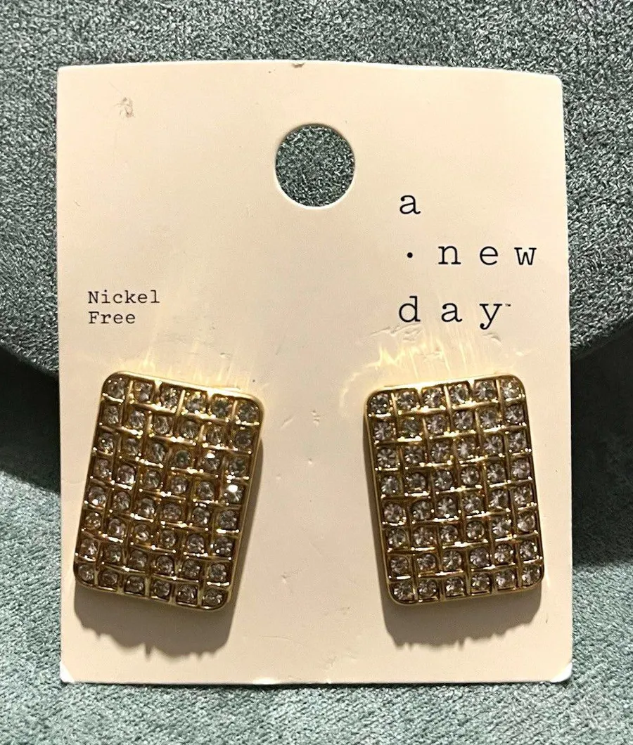 A New Day Gold Tone Crystal Rhinestone Rectangle Stud Earrings Nickel-Free