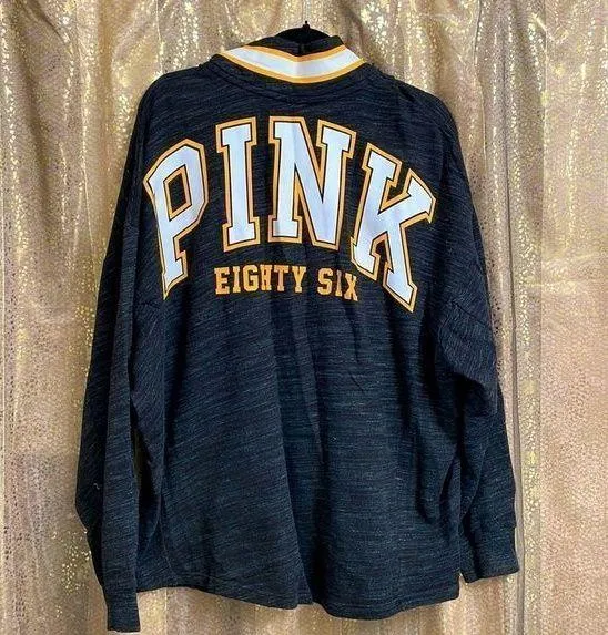 PINK Victoria’s Secret dark gray/white/yellow logo pullover, size L, NWOT