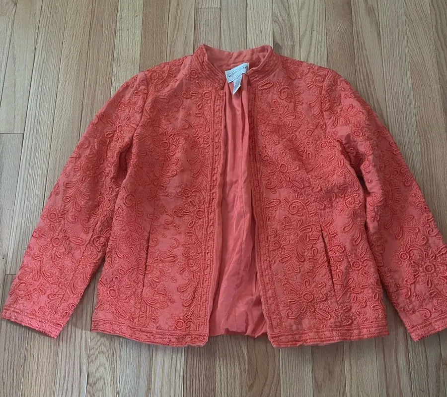 VIntage 100% Linen Embroidered Blazer Small Pink Coral Jacket Euro Summer
