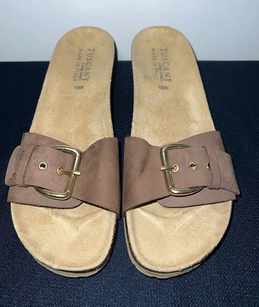 Brown Buckle Slide Sandals with Gold Accent Size 10