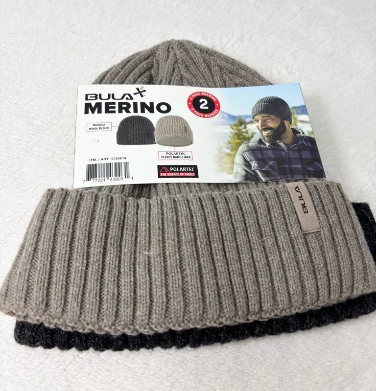 Bula Merino Wool Polartec Fleece Band Liner Unisex Rib Knit Beanie Set of 2 Black