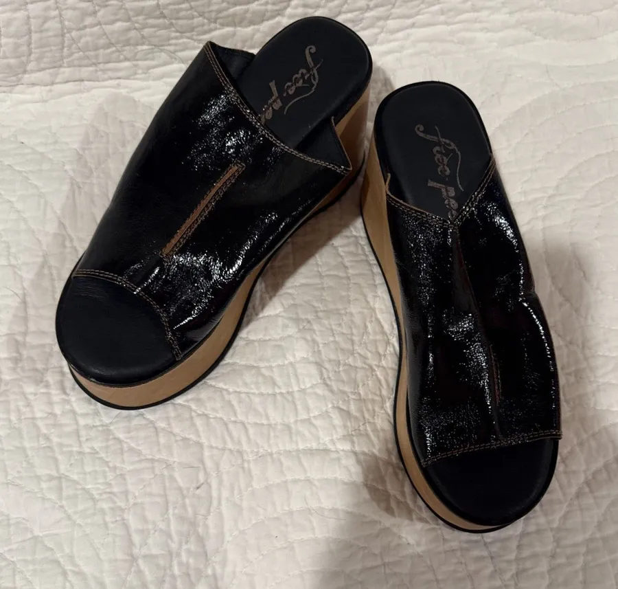 NEW 40/9 Black Free People Gabriela Clogs Platform Wedge Black Patent Leather