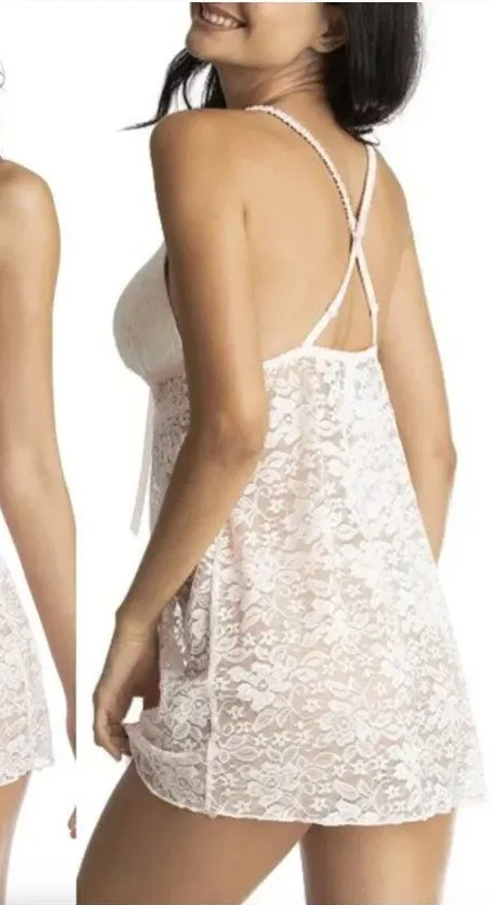 NEW NWT LILAC + LONDON Stretch Lace Chemise Thong Panty Lingerie Set White Pink Size M