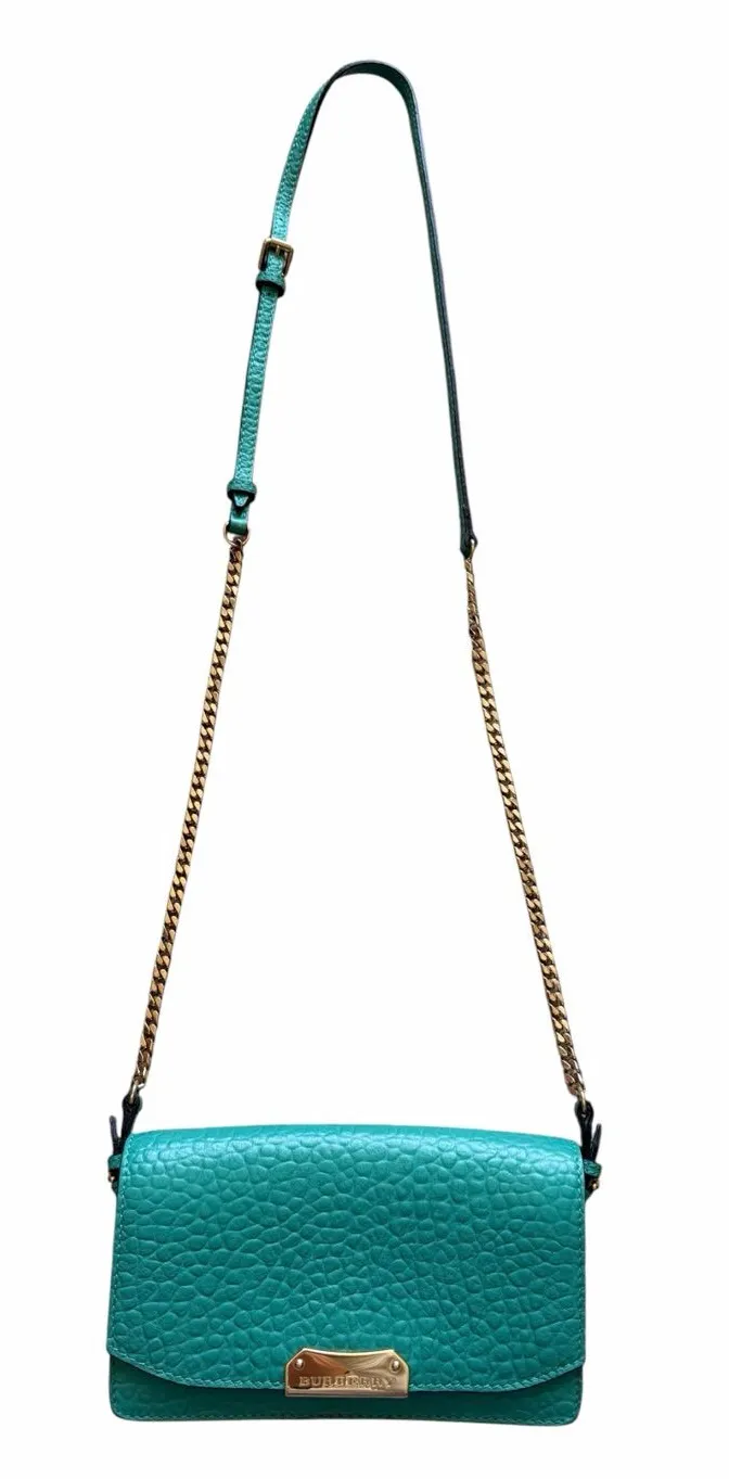 Burberry Madison Wallet on a Chain Pebble Leather Crossbody Bag in Aqua Teal