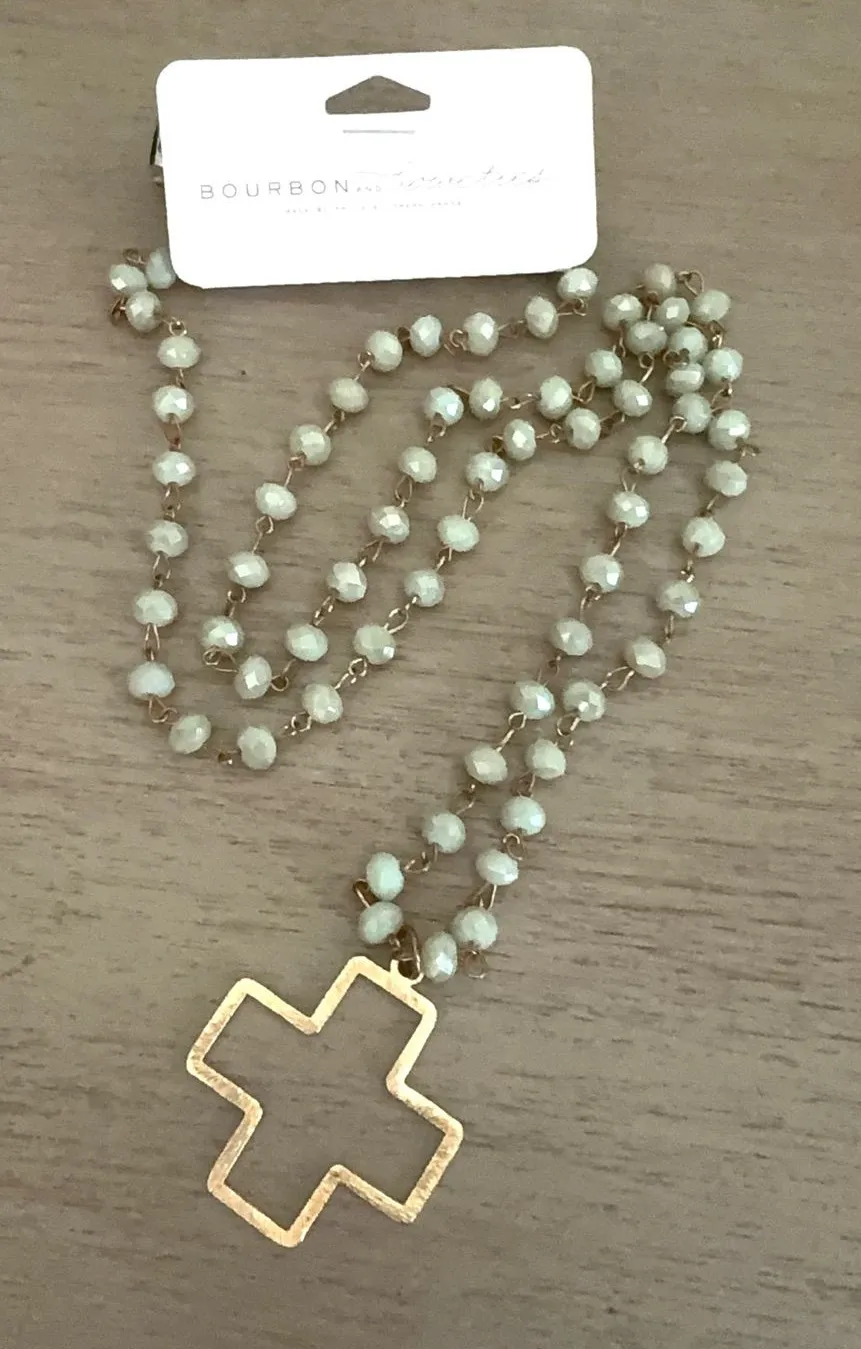 Bourbon & Boweties Glass Bead Rosary Style Cross Necklace Green Gold Tone NWT