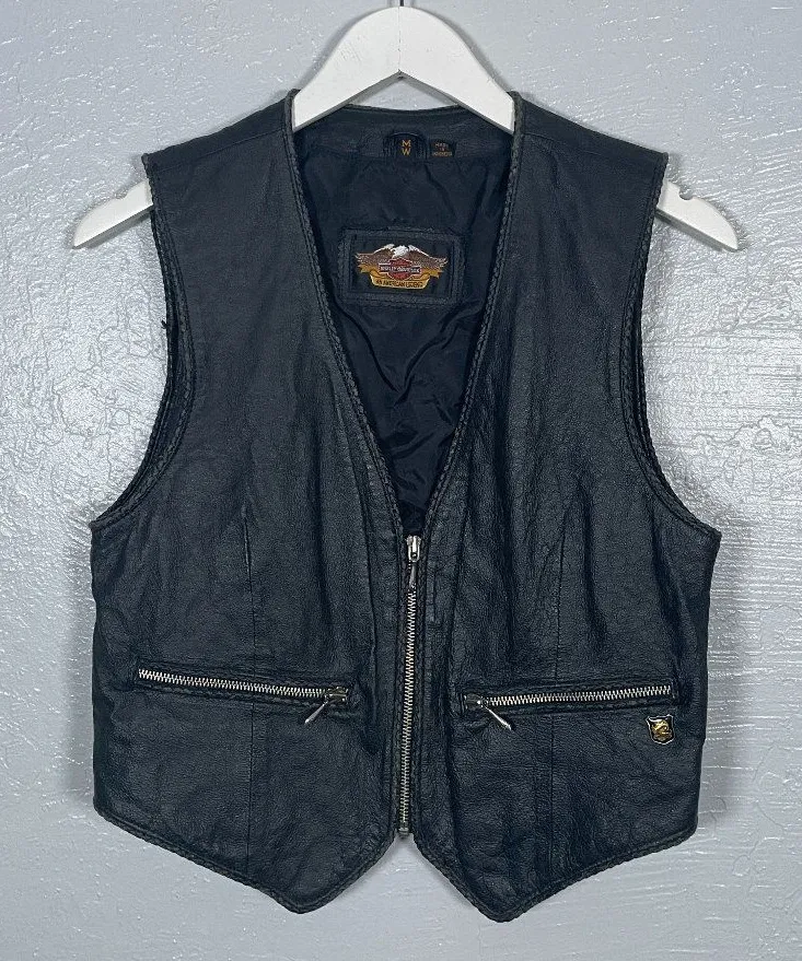 Harley Davidson Women M Black Leather Vest Zip Pockets Motorcycle Biker Size M
