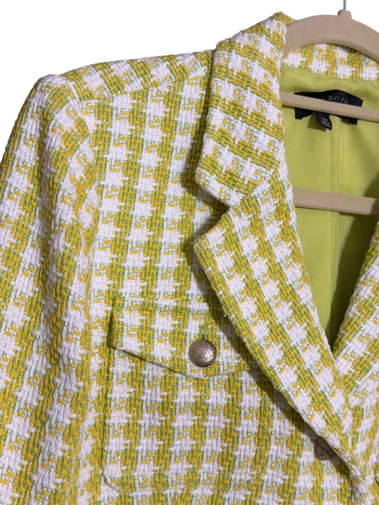 Talbots Houndstooth Tweed Blazer Cropped White Green Yellow Gold Button Sz 12P