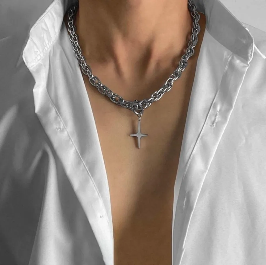 Titanium Steel Cross Star Pendant Necklace for Men Women, Punk Hip Hop Necklace Silver