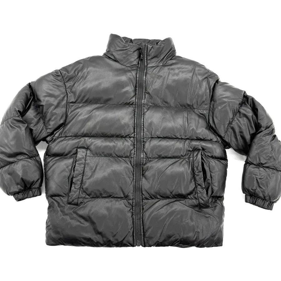 Men Faux Leather Bomber Jacket Quilted Coat Puffer Jacket Padded Jacket Winter Lined Black Size L